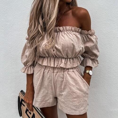 Sexy Women Off Shoulder Shorts Sleeve Crop Tops High Waist Shorts Pants Pocket Causal Outfits Two Piece Sets Summer Streetwear