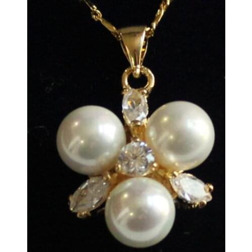 Womens fashion gold plated micro inlaid white zircon + White Shell Pearl Pendant Necklace