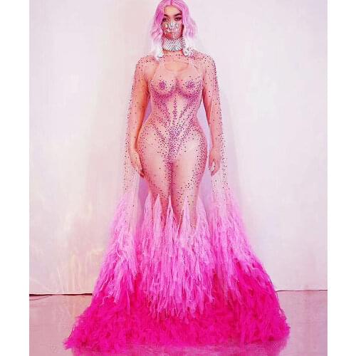 Perspective Gauze Backless Embellished Diamonds Costume Dresses Cascading Ruffle Tassel Long Trailing Dresses Dancer Outfit