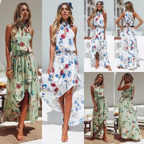 2021 Summer Fashion European and American Design Hot Sexy Halter Neck Printing Comfortable Irregular Floral Dress Long Skirt