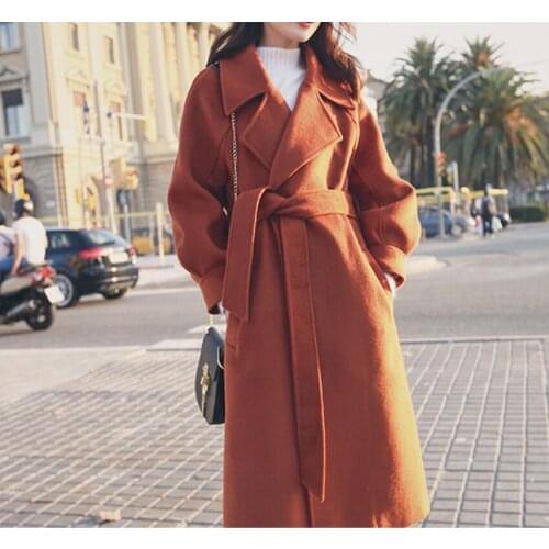 Women woolen coats high quality Korean outwear collar long belt tops luxury blend collar warm jacket autumn winter Windbreak