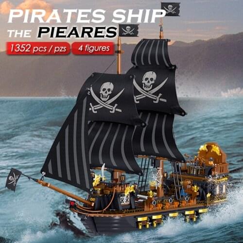 1352Pcs Assembly Black Caribbean Pirate Ship Model Building Blocks Bricks Toys Childrens Educational DIY Toys Birthday Gifts