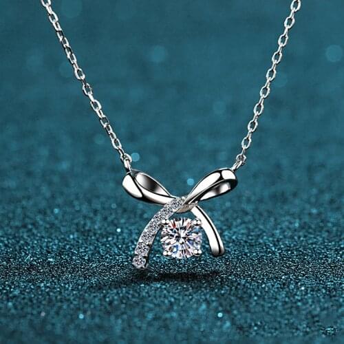 BOEYCJR Bow 925 Silver 0.5ct F color Moissanite VVS Engagement Elegant Wedding Pendant Necklace for Women Anniversary Gift