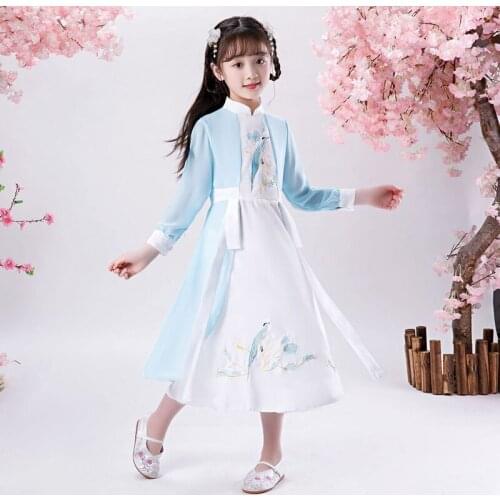 Childrens Hanfu Girls Chinese Style Dress Girls Stage Performance Skirt Costume Improvement Cheongsam blue vestido chino