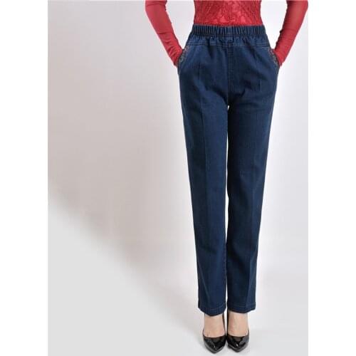 Mom Jeans Blue High Waist Loose XL-5XL Plus Size Jeans 19 New Spring Embroidery Pockets Straight Jeans Mid-aged Women Pants JD46