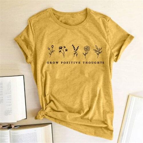 Grow Positive Thoughts Flowers Printed T-shirts Women Clothing Summer Tshirts Cotton Women Harajuku Graphic Shirt Aesthetic