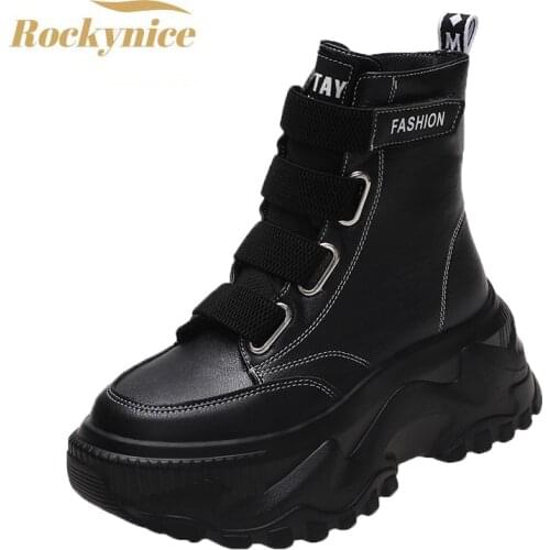 New Winter Leather Boots Women High Top Chunky Sneakers Platform Ankle Boots Basket Femme Chaussures Autumn British Casual Boots