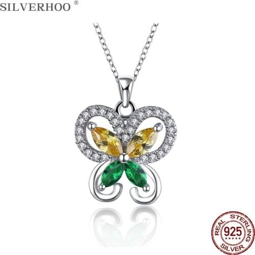 SILVERHOO Cute Butterfly Pendant Necklaces For Women 925 Sterling Silver Jewelry Trendy Cubic Zirconia Necklace Luxury Gift