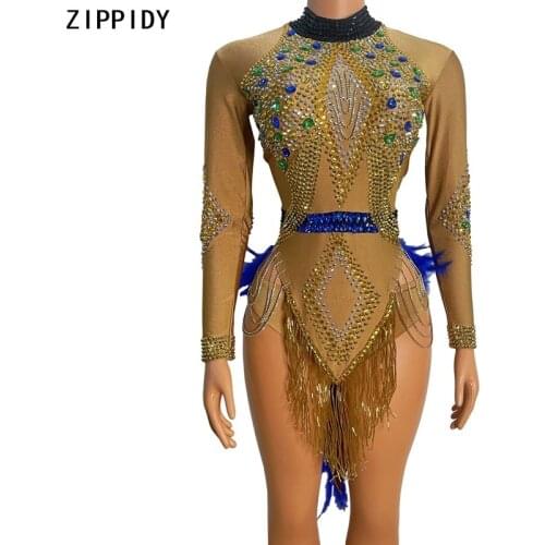 Blue Feather Colorful Stones Spandex Dress Birthday Celebrate Fringe Outfit Prom Female Singer Evening mini Dress