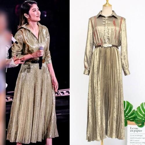 French palace retro long sleeve Pleated bright silk dress female temperament was thin high waist bling dress F1771