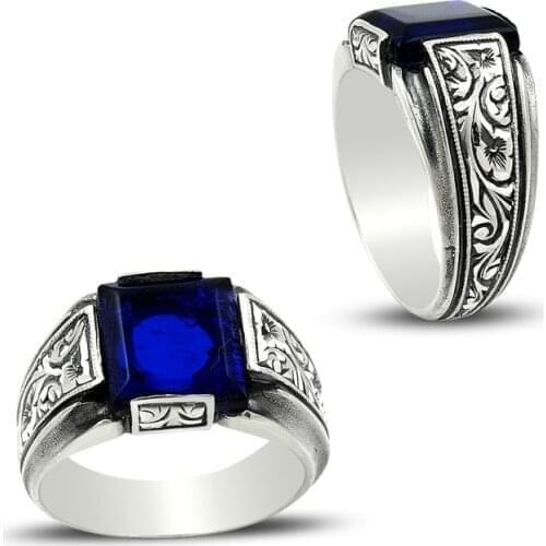 Handcraft Blue Amber Silver Ring for Men 925 Sterling Silver Turkish Ring Ottoman Art Carved Vintage Tribal New Ring Handmade