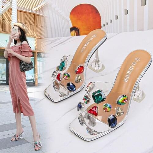 Women Shoes Square Toe Rhinestone Sandals Diamante High Heels Peep Toe Ladies Shoes Silver Gold Black Ladies Dress Shoes