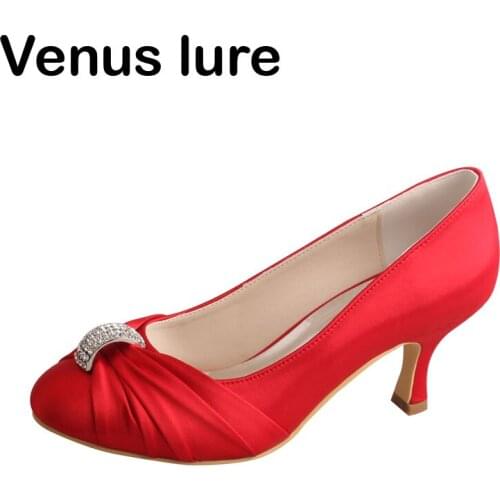 Bridal Red Satin Shoes Closed Toe Brand Name Prom Court Shoes Mid Heels
