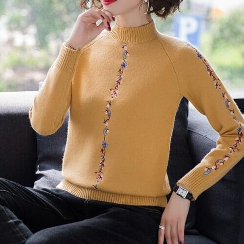 Winter Fall Vintage Women Turtleneck Embroidery Knit Pullover Sweater , Woman 3xl Yellow Red Black Green Beige Knitting Sweaters