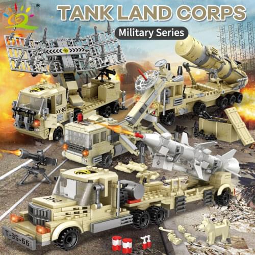 HUIQIBAO Military Radar Truck Vehicle Chariot Building Blocks City WW2 Missile Car Soldier Figures Weapon Bricks Toys Children