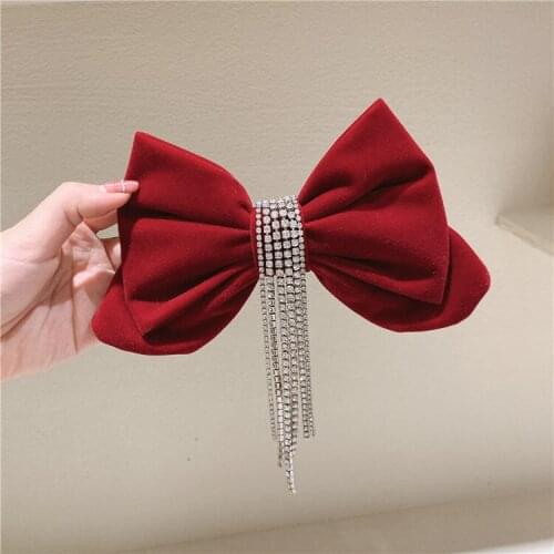Retro Fabric Bow Hair Bows Clips for Women Girls Luxury Jewelry Crystal Rhinestone Tassel Hairgrip Headpiece Hair Accessories
