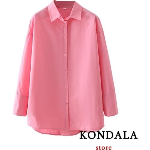 KONDALA Women Pink Za Shirts Fashion Overszied Turn Down Collar Casual Blouses Long Sleeve Mujer Tops Cool Shirts Dropshipping
