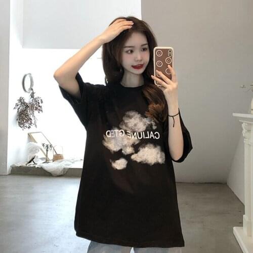 Woman Tshirts Design Niche Short-sleeved T-shirt Women Summer New Korean Style Black Mid-length Tops for Lovers