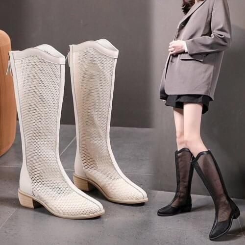 2021 Womens Boots Summer Female Knee Botas Platform Mesh Thigh High Shoes Martin Booties Zipper Low Heel Zapatillas y58