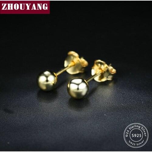 ZHOUYANG Three size Bead Ball Peas 100% 925 Sterling Silver Earrings Jewerly For Women Man EY127 EY128 EY129 EY215 EY216 EY217