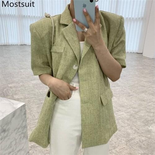 Chic Korean Casual Women Blazer Summer Short Sleeve Notched Collar Single Breasted Suit Jacket Solid Loose Female Blazer 2021