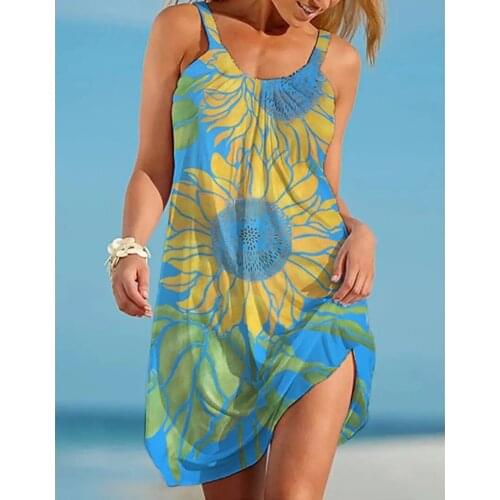 2021 Fashion Brand Sunflowers 3D Print Beach Dress Women Sundress Sleeveless Sexy Dresses Bikini Summer Holiday Beachwear Dress