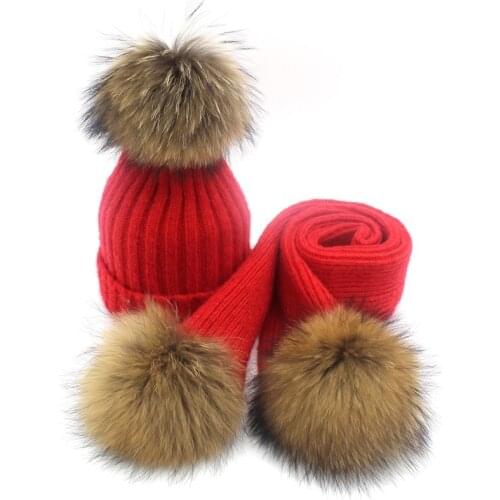 Lady Blinger creative pom pom knitted hat scarf wool knitted scarf adult kids real reaccoon fur pom pom scarf and beanie set