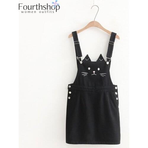 Fashion Denim Dress Women Cartoon Cat Embroidery Suspender Sundress Harajuku Kawaii Cute Mori Girl Jeans Dresses White Vestidos