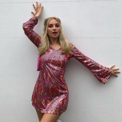 Autumn Long Sleeve Women A-line Dress Sexy V-neck Print Flare Sleeve Party Dinner Clothes Fashion Casual Colorful Mini Dresses