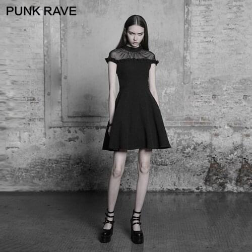 PUNK RAVE Dark Fashion Mini A-line Be Disassembled Black Lotus Leaf Side Stitching Women Thin Dress