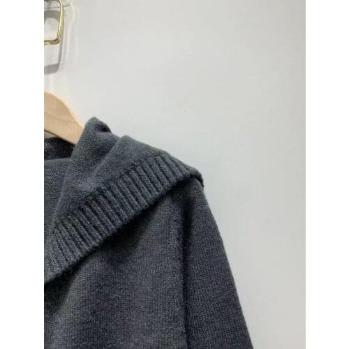 Women Gray Knitted Turn-Down Collar Single Breasted Elastic Waist Pockets Long Sleeve Short Dress Early Autumn 2021 Lady Robe