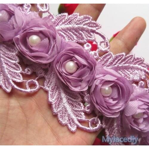 1yard Soluble Purple 75mm Pearl Rose Flower Embroidered Lace Trim Ribbon Fabric Handmade DIY Wedding Dress Sewing Supplies Craft