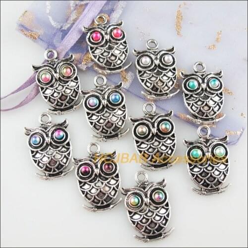 10Pcs Tibetan Silver Tone Animal Mixed Acrylic Owl Birds Charms Pendants 15.5x24mm