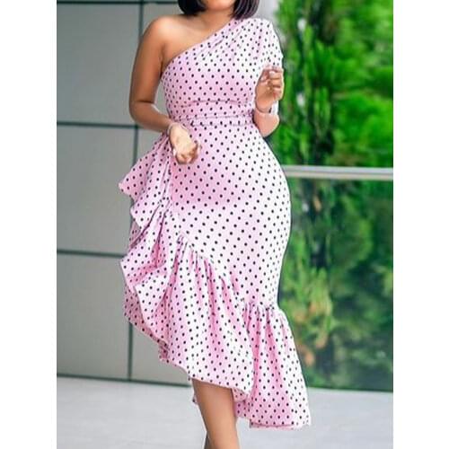 Elegant Women Prom Party Dress Plus Size Pink Dots Slim Fit Bodycon Sexy One Shoulder Asymmetrical Ruffle Dress for Birthday 2XL