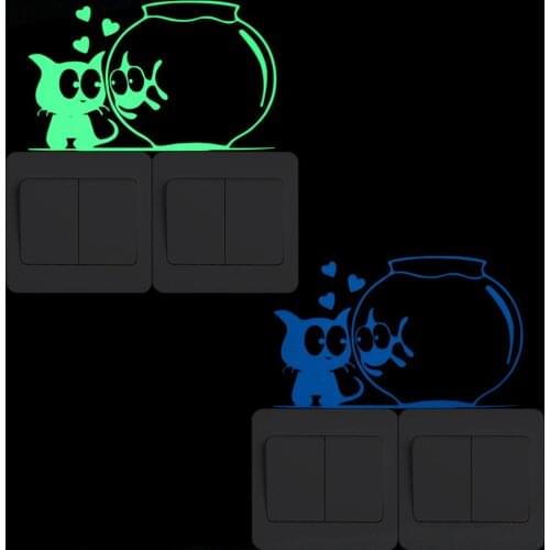 Cat and A Fish in the Fishbowl Cartoon Switch Sticker Glow in the Dark Wall Sticker Funny Fluorescent Sticker Kids Room Decor