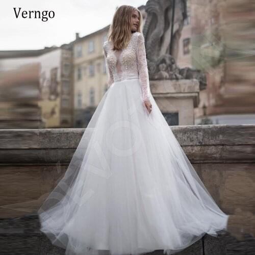 Verngo Exquisite Lace Pearls A Line Wedding Dress Long Sleeves Tulle Skirt Elegant Bridal Dresses With Buttons Back