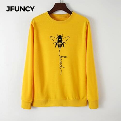 JFUNCY 2020 Autumn Women Plus Size Hoodies O-Neck Long Sleeve Female Pullover Bee Print Woman Casual Hoody Mujeres Sweatshirt