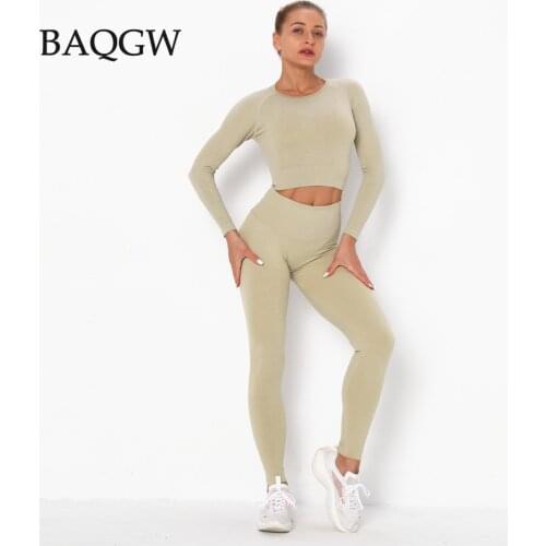 2ps Sets Women Sporty Matching Set Workout Sportswear Gym Clothing Fitness Long Sleeve Crop Top High Waist Leggings Sports Suits