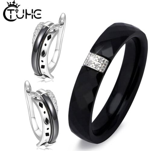 3mm Crystal Women Rings Earrings Jewelry Sets Black White Color Fashion Ceramic Jewelry Sets Christmas Gift