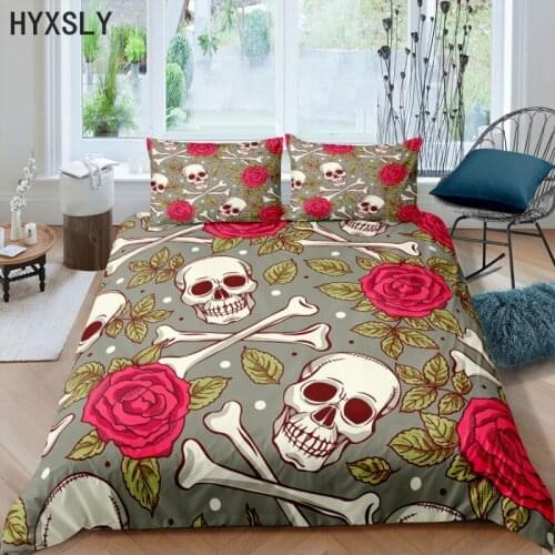 Bedding Sets King Queen Large Size Luxury Sugar Skull Skeleton Rose Duvet Quilt Cover with Pillowcase Adults Bed Linen Comforter