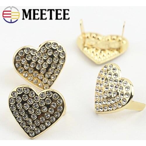 Meetee 10/20pcs 20X22mm Metal Heart Decorative Buckles Rhinestones Pin Button Garment Shoe Buckle Bag Rivets Nail Sanp Buttons
