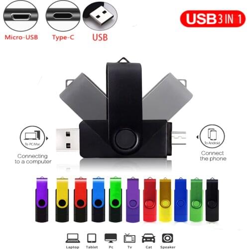 Metal OTG 3 IN 1 pen drive 128GB Micro usb memory stick 32GB pendrive 64GB 16GB Type-C usb flash pen 8GB cle usb flash drive 4GB