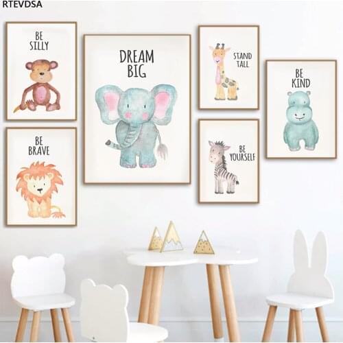 Cartoon animal lion elephant deer cute canvas kindergarten poster wall painting childrens room art prints baby room decoration