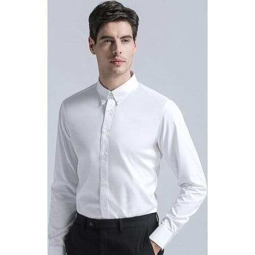 High Quality Mens Shirts Formal Buckle collar Cotton Blend Shirts Classic Solid Color Long Sleeve Business Suits Shirts White