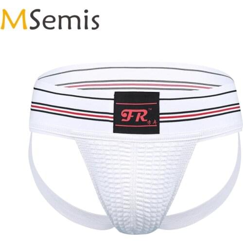 Mens Lingerie Stretchy Athletic Supporter Jockstrap Sport Briefs Homme Striped Waistband Sissy Penis Pouch Open Butt Underpants