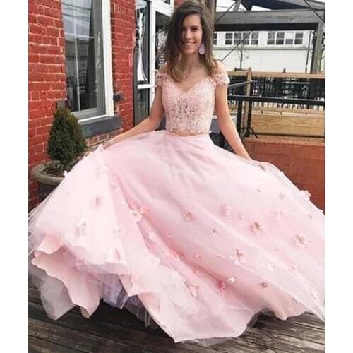 2020 New Arrivals Pink Tulle Two Piece A Line Prom Dresses Long Off Shoulder Special Occasion Dresses Girl Cheap Evening Gowns