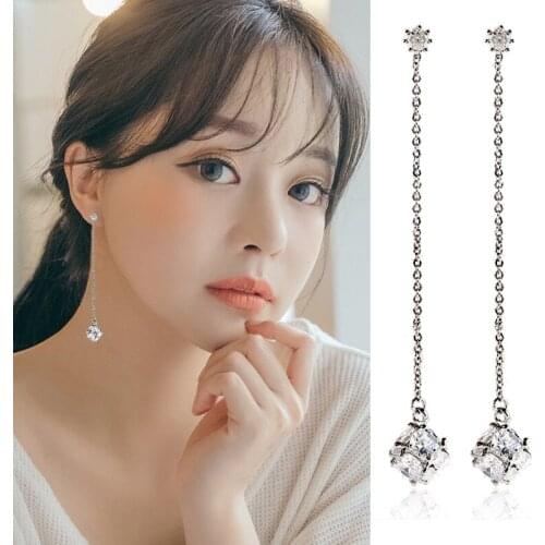 New earrings jewelry Creative Tassel earrings for women Square zircon Non-porous ear clip Long section Comfort earrings