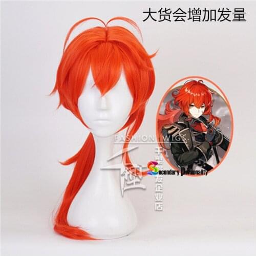 2021 Genshin Impact Diluc Cosplay Long Red Ponytail Wig Anime Cosplay Wigs Heat Resistant Synthetic The Noble Son of Dawn Winery