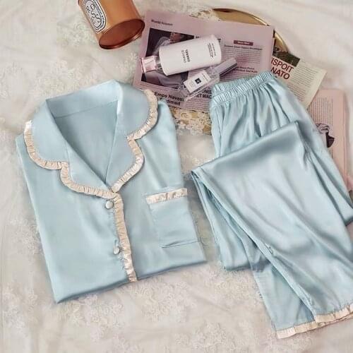 Pajamas For Women Spring Mulberry Silk Long-sleeved Trousers Pajamas set Suit Female Simple Pijama Mujer Womens home clothes5XL