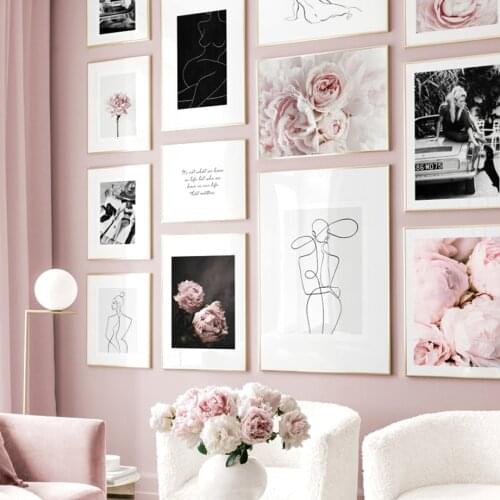 Pink Peony Flower Abstract Line Movie Star Vintage Nordic Poster Wall Art Print Canvas Painting Decor Pictures For Living Room